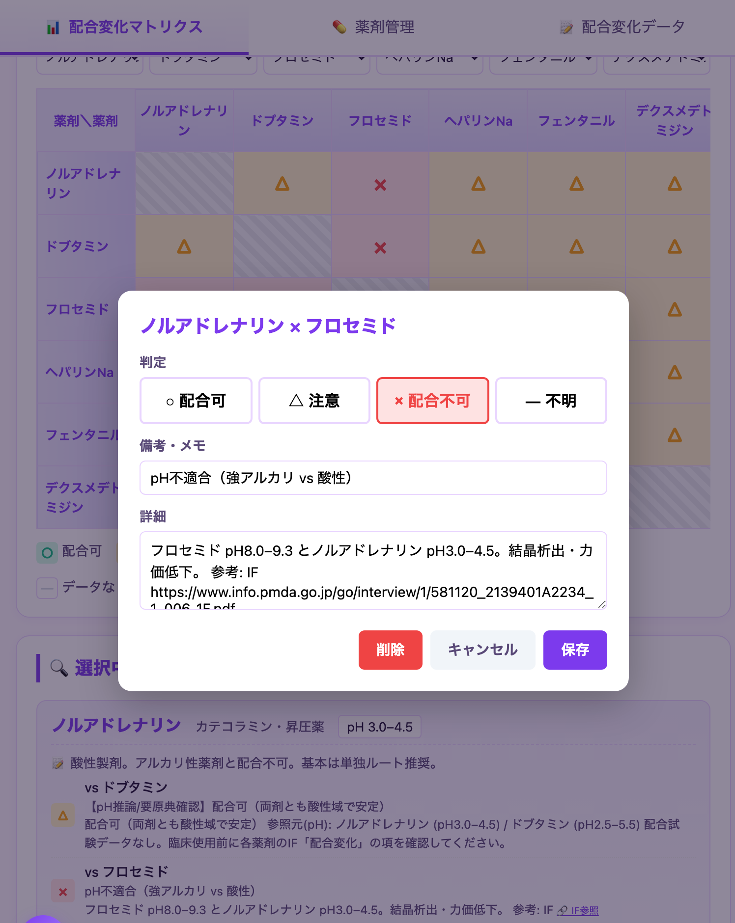 ノルアドレナリン×フロセミドの配合不可判定と、pH不適合・参考文献の表示