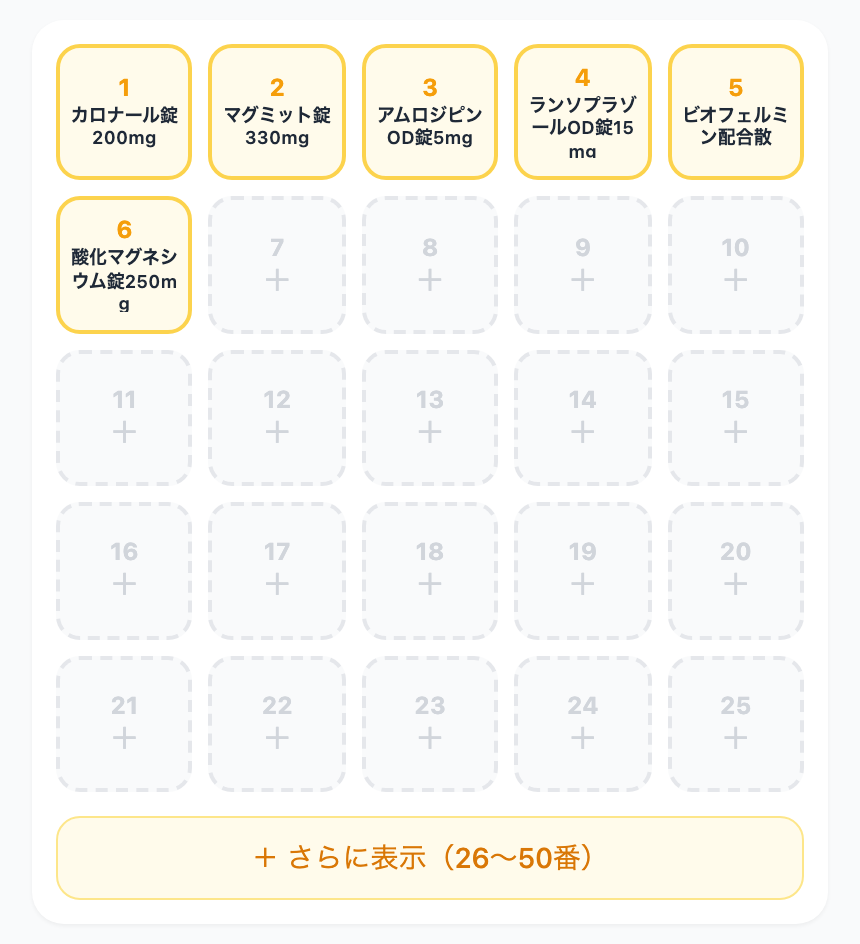 一包化機のスロットごとに薬剤カセットを登録したカセットマスター画面