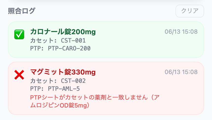 カセットとPTPが一致した薬剤はOK、取り違えはNGと表示される照合ログ